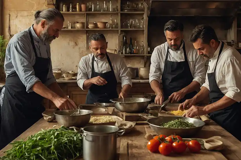 Gruppe von Männern beim Kochen in alter italienischer Küche.