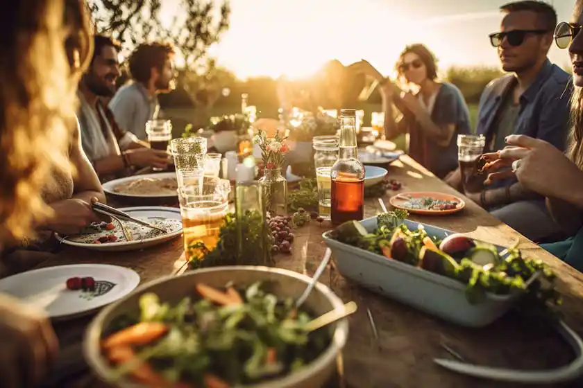 Gruppe von Menschen beim Essen in freier Natur.