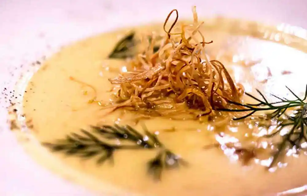 Teller mit Orangen-Fenchelsuppe an Gemüsestroh.