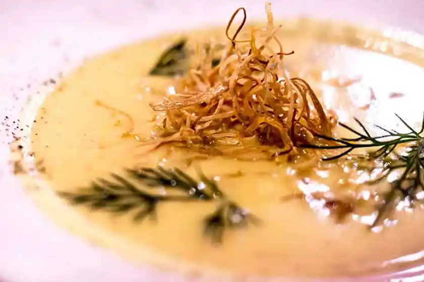 Teller mit Orangen-Fenchelsuppe.