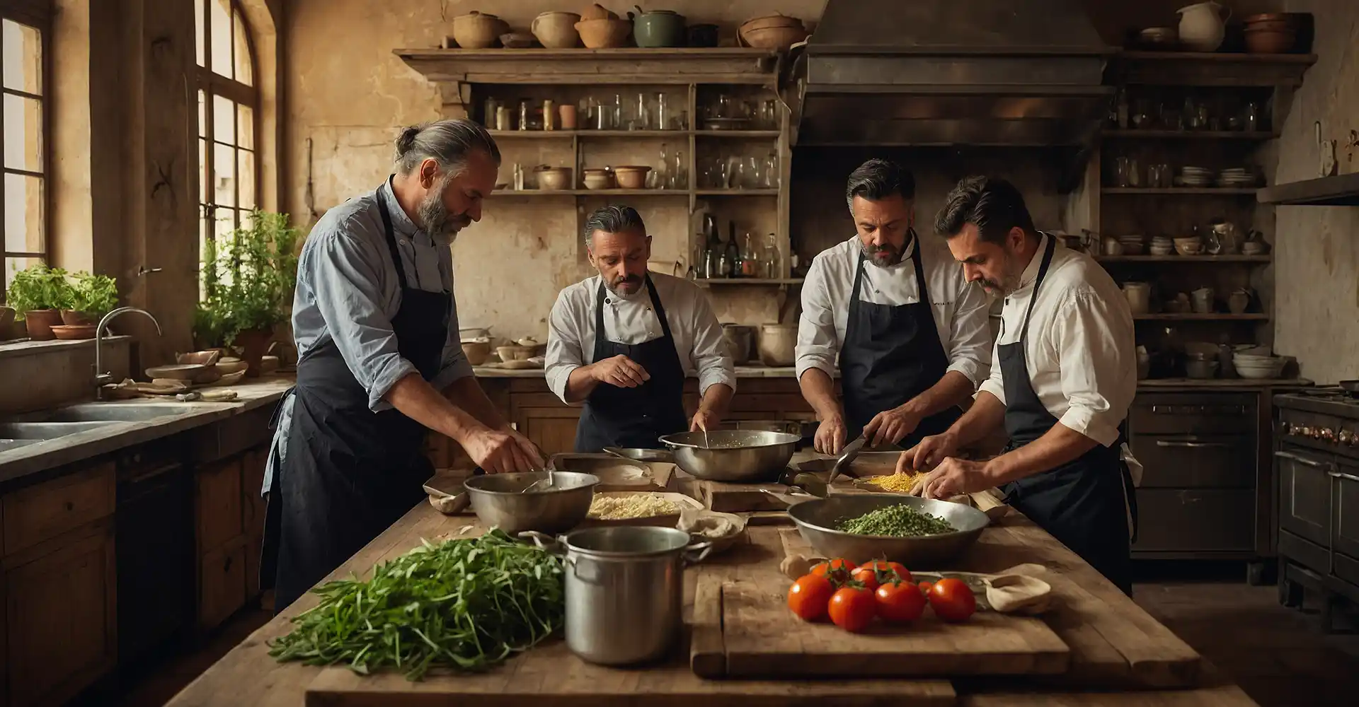 Gruppe von Männern beim Kochen in alter italienischer Küche.
