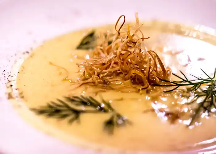 Teller mit Orangen-Fenchelsuppe.