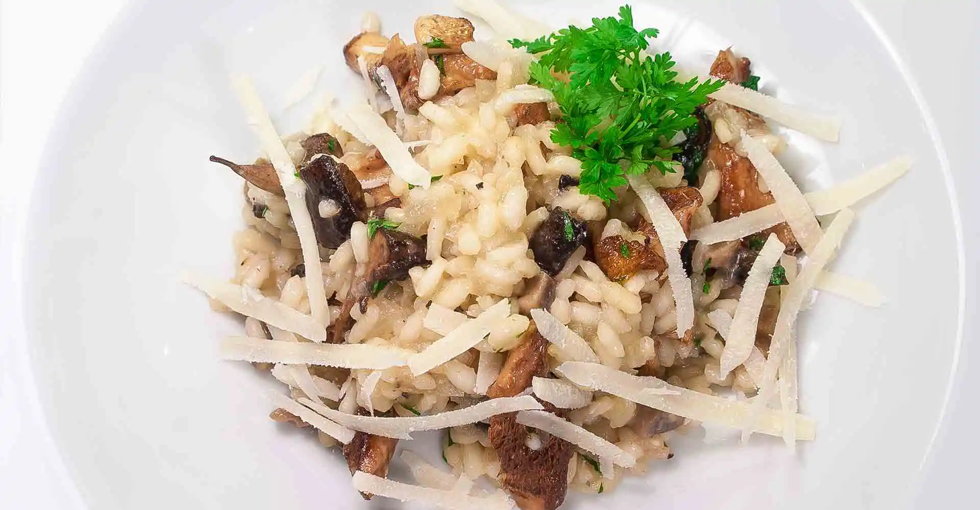 Teller mit Risotto und Waldpilzen.