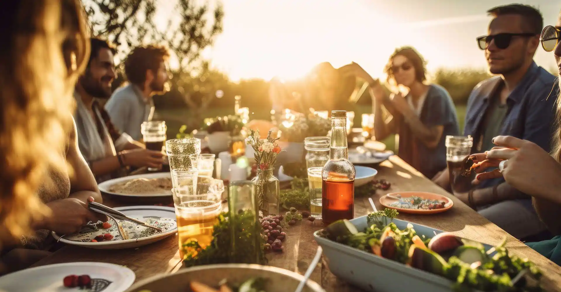 Gruppe von Menschen beim Essen in freier Natur.
