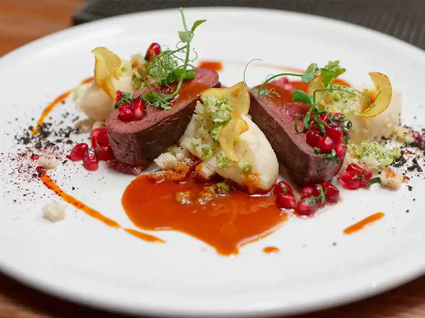 Rosa gebratenes Filet mit Selleriepüree, Kartoffelchips und Cranberries.